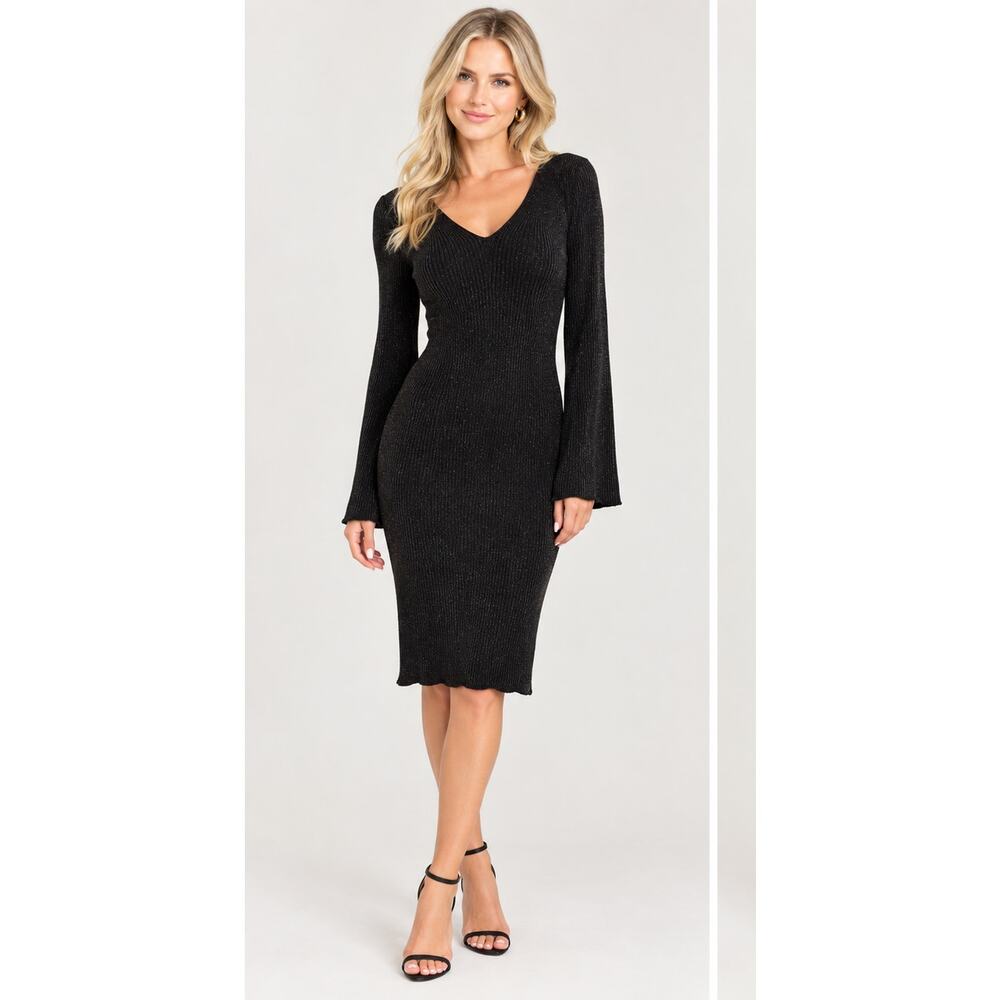 Stitches & Stripes Black Ribbed Knit V-Neck Mini Dress Long Sleeve Cold Shoulder - Picture 13 of 13